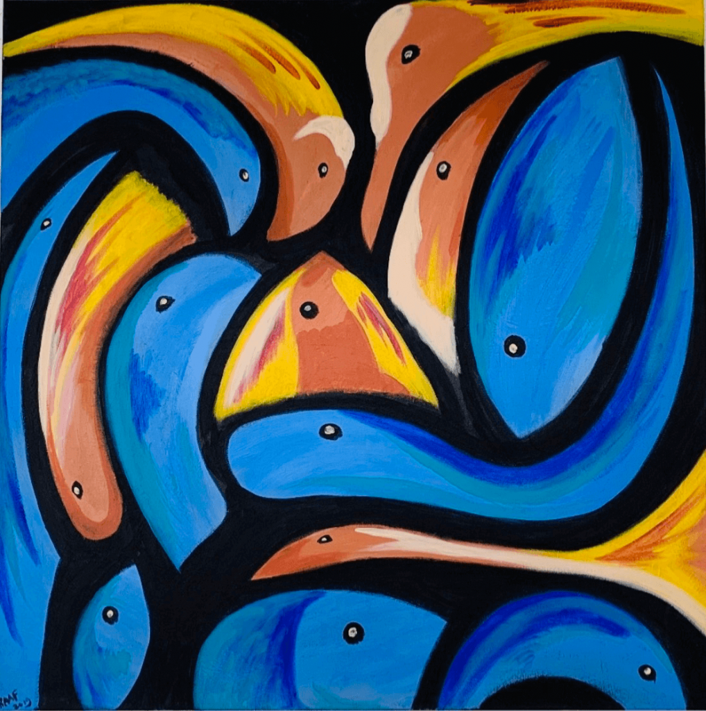 Abstract-painting-withfish-blue-brown-yellow-by-raafpaintings