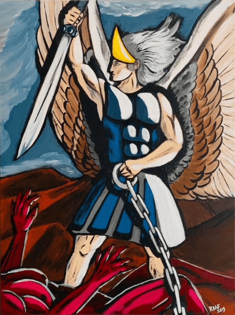 Archangel-Michael-with-the-devil-beneath-by-raafpaintings