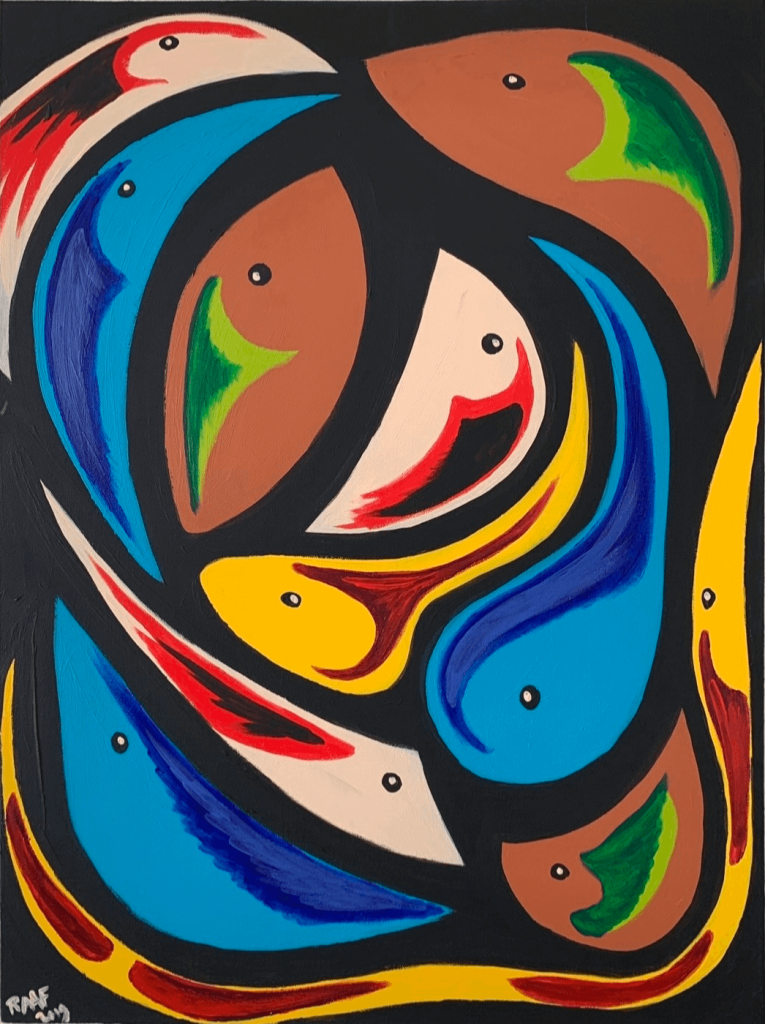 abstract-painting-with-fish-blue-brown-yellow-red-by-raafpaintings